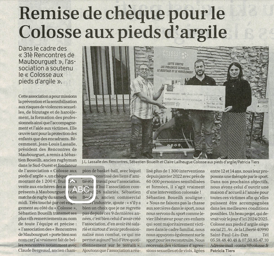 You are currently viewing Remise de chèque 2022 – Colosse aux pieds d’Argile